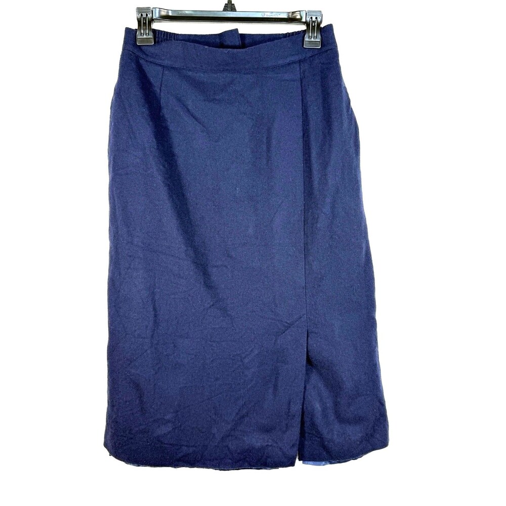 Vintage Koret Navy Blue 100% Merino Wool Pencil Skirt Front Vent Size 10 USA